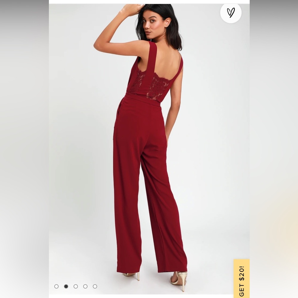 Lulus Kiska Burgundy Lace Wide-Leg Jumpsuit, Size Large